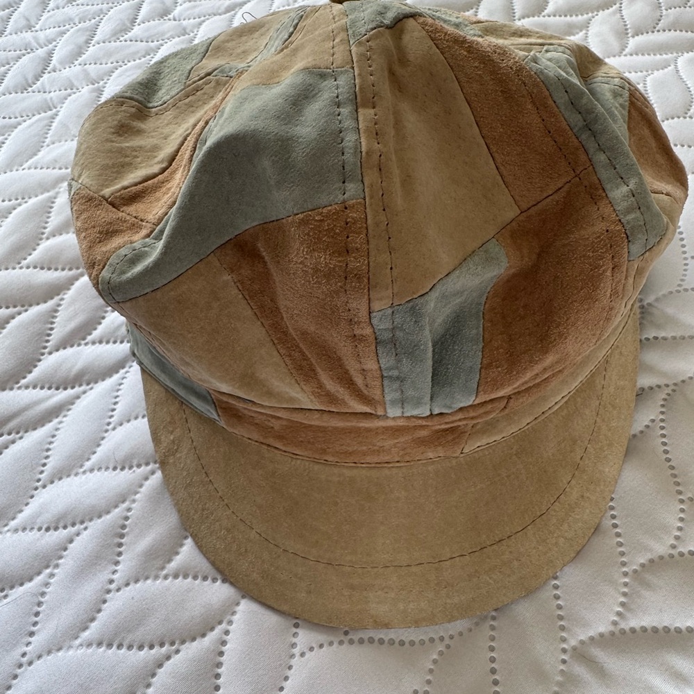 Vintage suede Patchwork Beige Blue Women's Hat pageboy - Picture 4 of 10